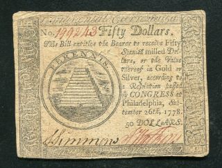 Cc - 85 September 26,  1778 $50 Fifty Dollars Continental Currency Note