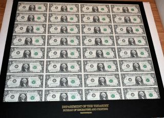 1988 Uncut Sheet Of 32 $1 Dollar Minneapolis Federal Reserve Notes Gem Notes