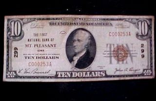 1929 $10.  00 National Currency First National Bank Of Mt.  Pleasant Iowa