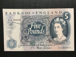 Gb Bank Of England 1966 £5 Five Pounds Banknote Aunc S/n 41a 438555