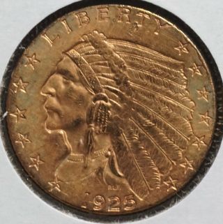 1925 D Gold Indian Head 2 1/2 Dollar $2.  5 Quarter Eagle Coin