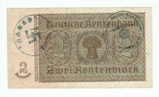 German Banknote 2 Rentenmark With Third Reich Stamped