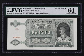 1940 Slovakia National Bank “specimen” 500 Korun Pick 12s Pmg 64 Choice Unc