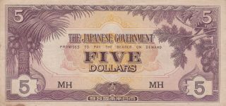5 Dollars Very Fine Banknote From Japanese Occupied Malaya 1942 Pick - M6
