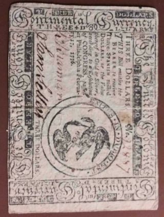 1776 July 22 $3 Three Dollar Continental Currency.