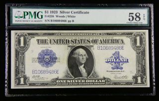 1923 $1 Fr 238 Silver Certificate Woods/white Pmg 58 Epq Choice About Unc 625a