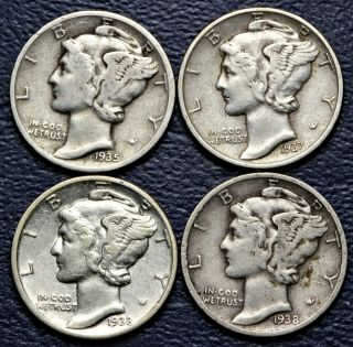 1935 - P,  1937 - P,  1938 - P & 1838 - D Mercury Dimes 4 Total