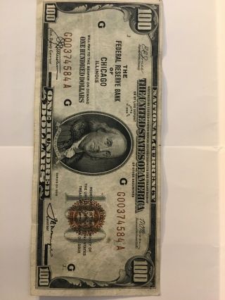 1929 $100 Chicago Illinois Brown Seal Currency Note