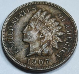 1907 Au - Unc Detail Us Indian Head Penny 1 Cent Antique U.  S.  Currency Money Coin