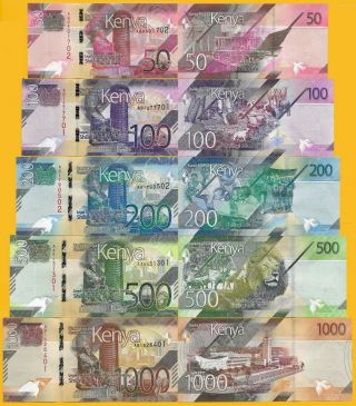 Kenya Full Set 50,  100,  200,  500,  1000 Shillings P - 2019 Unc Banknote