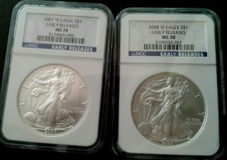 2007 - W And 2008 - W Burnished Silver Eagles Ngc Ms70 Early Releases