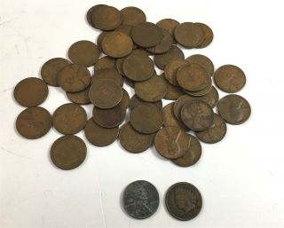 Us Wheat Pennies - Roll Of 50 - Various Dates Includes 1943 Steel Penny & Indian