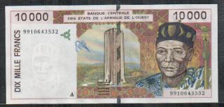 West African 10000 Francs 1999 P 114ah Uncirculated Letter :a