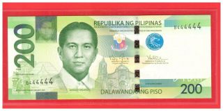 2010 Philippines 200 Peso Ngc Arroyo Single Prefix Solid No.  B 444444 Unc