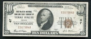 1929 $10 First - Mckeen National Bank & Trust Co.  Of Terre Haute,  In Ch.  47 Xf