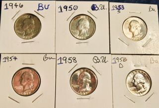 Six Uncirc.  Silver Washington Quarters 1946,  1950,  1953s,  1957,  1958 & 1958d