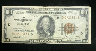 1929 $100 Federal Reserve Bank Cleveland Ohio Note National Currency Brown Seal