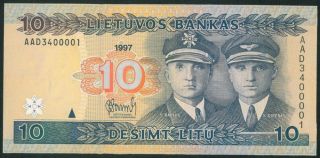 Lithuania 10 Litu (1997) Unc Banknote Litas S/n Aad3400001