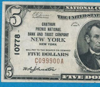 $5.  00 1929 Chatham Phenix National Bank &trust Co.  York Charter 10778