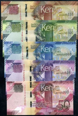 Kenya Set 5 Unc 50 100 200 500 1,  000 Shillings 2019 P Aa Prefix Unc Nr