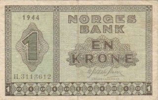 1944 Norway 1 Krone Note,  Prefix H,  Pick 15a