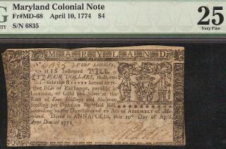 1774 $4 Four Dollar Maryland Colonial Currency Nature Print Note Paper Money Pmg
