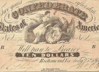 1861 $10 Dollar Confederate States Currency Civil War Note Paper Money T - 10 Pf - 1