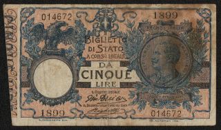 Italy (p023d) 5 Lire Nd (1915) Af/f Series 1899