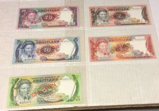 Swaziland Specimen Banknote Set 1,  2,  5,  10,  20 Uncirculated Certified Franklin