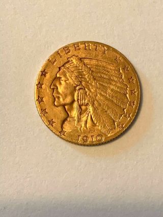 1910 $2.  5 Gold Indian Head Quarter Eagle 2 1/2 Dollar Coin - - Rare