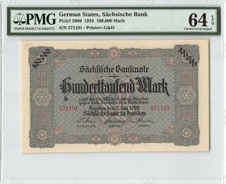 German States / Saxony 1923 P - S960 Pmg Choice Unc 64 Epq 100,  000 Mark