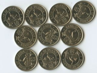 Uganda 10 Coins 50 Cents 1976 Km 4a Xf,  Scarce Year Type