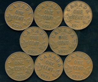 8 Canada Small Cent Coins 1920 1921 1927 1928 1929 1930 1931 1932