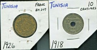 Tunisia - Two Historical Coins,  1918,  10 Centimes & 1926,  1 Franc
