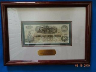 Framed Confederate Money $100 Note 1862