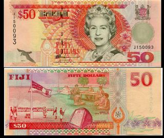 Fiji 50 Dollars Nd 1996 P 100 Qe Ii Sign Savenaca Narube Prefix J Unc Nr
