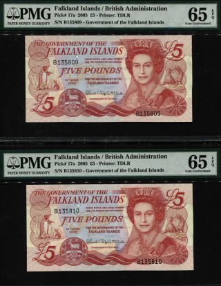 Tt Pk 17a 2005 Falkland Islands British Admin.  5 Pounds Pmg 65q Seq Set Of Two