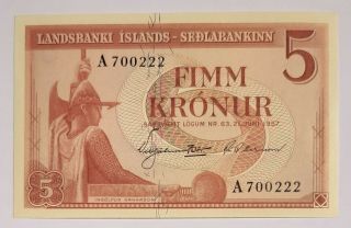 Iceland - 5 Kronur - 1957 - Pick 37a - Buff Paper/first Printing - S/n A 700222,  Au/unc.