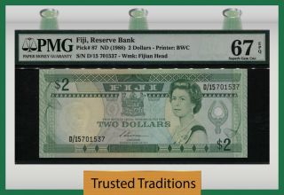 Tt Pk 87 Nd (1988) Fiji 2 Dollars " Queen Elizabeth Ii " Pmg 67 Epq Gem Unc