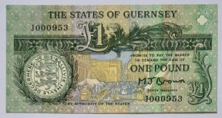 Guernsey - 1 Pound - Nd (1980 - 89) - Fancy Low S/n 000953 - Sign.  M.  J.  Brown - P.  48b,  Unc