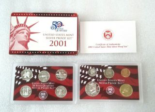 2001 - S United States Silver Proof Set W/ Box & Coin