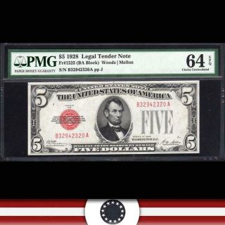 1928 Plain $5 Legal Tender Note Red Seal Pmg 64 Epq Fr 1525 B32942320a