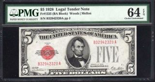 1928 plain $5 Legal Tender Note RED SEAL PMG 64 EPQ Fr 1525 B32942320A 2