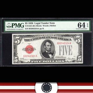 1928 Plain $5 Legal Tender Note Red Seal Pmg 64 Epq Fr 1525 B32942324a