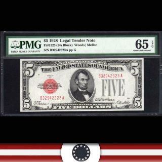 1928 Plain $5 Legal Tender Note Red Seal Pmg 65 Epq Fr 1525 B32942323a