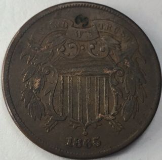 1865 2c Piece With We Strong And Clear And 3 Counterstamped Above It