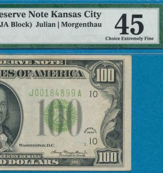 $100.  1934 Kansas City Lime Green Seal Federal Reserve Note Pmg Xf45