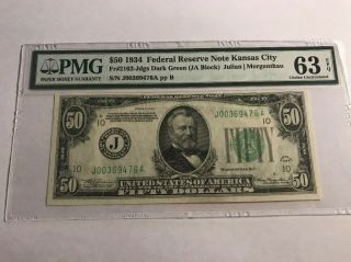 1934 $50 Federal Reserve Note Kansas City Fr 2102 Dark Green Pmg 63 Epq