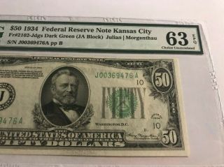 1934 $50 Federal Reserve Note Kansas City Fr 2102 Dark Green PMG 63 EPQ 3