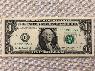 Error - Double Solid Quad Of 3333 & 5555 In $1 Dollar Bill,  S D 3333 5555 G